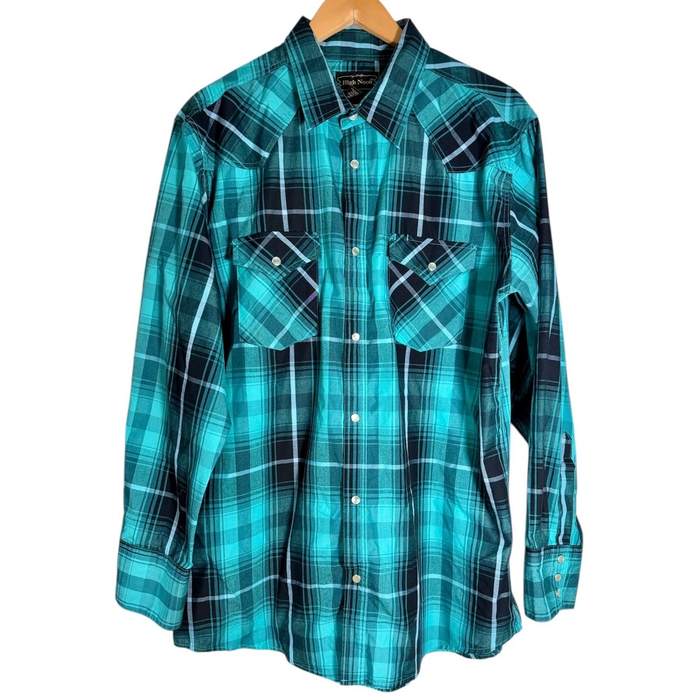 High Noon Western Men's‎ Long Sleeve Plaid Pearl Snap Shirt Black Blue Large